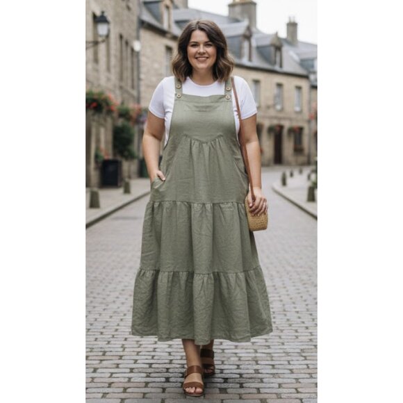 ODDI LOS ANGELES Everlee Apron Pinafore Tiered Maxi Dress in Sage Green 2XL NWT - Picture 1 of 14